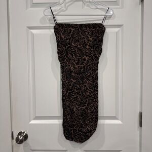 Windsor Black Velvet Damask Ruched Bodycon Mini Dress Tan Nude Size Small‎
